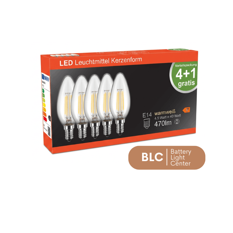 49247 | LED Filament Lampe Kerzenform 4,5 Watt | warmweiß | E14 | klar | 5er Packung